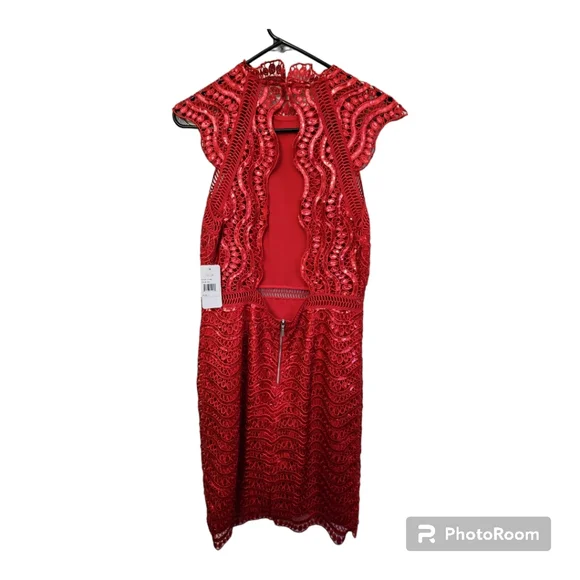Saylor Anthropologie Large Ciara Sequined Scallop Lace Open-Back Dress in Red - Picture 3 of 9